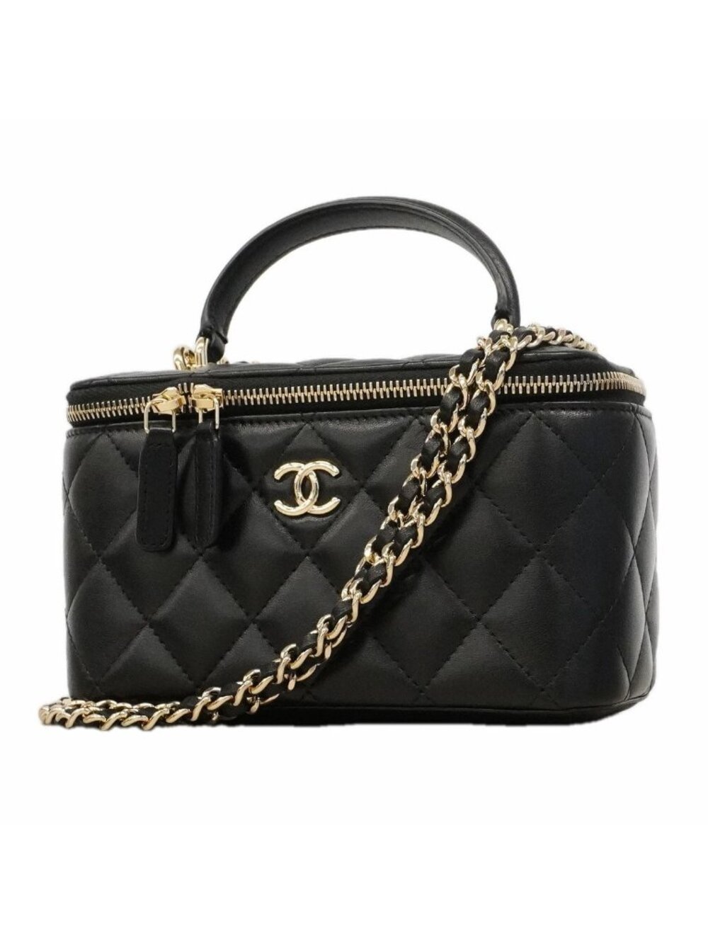 Chanel Vanity Bag Quilted Lambskin Black Champagne Gold 2-Way Bag